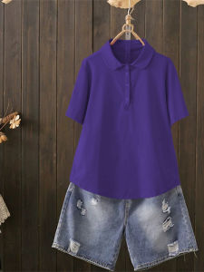 Summer Polo Neck Short Sleeve Loose Casual Cotton T-Shirt Womens plus Size Fashionable Slimming Top Commute Style Pure Color