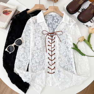 Spicy Girl Fashionable Versatile Polo Collar Cross Tie Lace See through Slimming Short Long Sleeve Shirt Womens Top