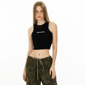 เสื้อกั๊กแขนกุดลายตัวอักษรปักสำหรับผู้หญิง ทรงเข้ารูป คอวี แขนกุด ผ้าผสมฝ้าย โพลีเอสเตอร์ ฤดูร้อน 2023 แฟชั่นสตรีท