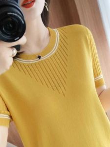 Loose Ice Silk Hollow out Half Sleeve Short Sleeve Knitted T-Shirt round Neck Versatile Base Layer Top for Women Summer New Style