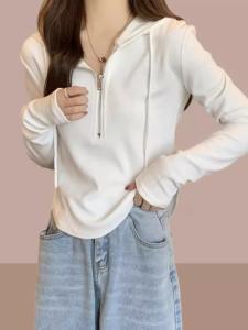 Womens Long-Sleeved T-shirt Hooded Half Zipper Best Selling Tops 2024 Spring and Autumn New Arrival Small Stylish Womens Clothing