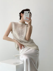 New Chinese Style Lotus Embroidery National Trend Cheongsam Vest Top Women Summer Design Sleeveless Shirt Nylon Fiber