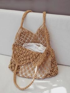 Hand-Woven Satchel Straw Bag Summer Seaside Vacation Bag French Beach Bag Womens Mori Hollow Straw Net Bag Bag