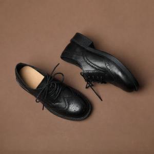 MIOLLIBARN | Black Lace-Up Vintage Brogue Genuine Leather Womens Oxford Shoes
