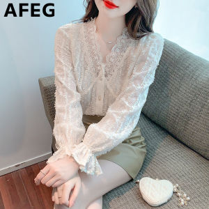 AFEG new Korean version V-neck fashion loose all-match temperament lace flared sleeve blouse for women