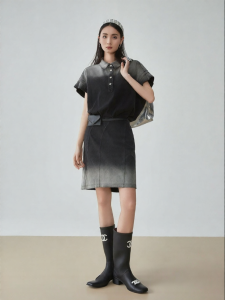 XIAODADEHUA | Black Workwear Denim Tshirt Dress Irregular Ruffle Mid Length Bodycon