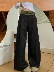 High Waist Plaid Patchwork Wide Leg Pants Womens Loose Straight Casual Trousers False Two-Piece Design Casual Straight Pants