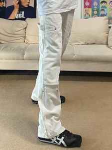 OUMULONG | Knee Detail Workwear Denim Pants With Rivets Micro Flare Fit Mens Trousers