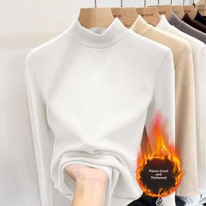 Thickened Double-sided Fleece Warm Long Sleeve Base Shirt Womens Half High Collar Autumn Winter Slimming Brushed Inner Wear Solid Color Top