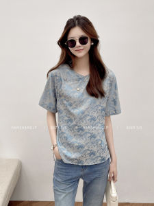Blue Thin New Chinese Style Silk Embroidered Shirt Womens Summer New Top Korean Version Loose Fit round Neck Short Sleeve