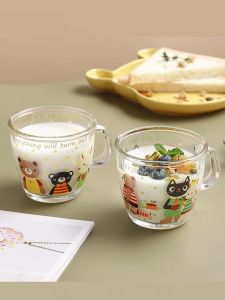 Adorable Cartoon Glass Water Cup for Kids Milk Juice Drinking Heat Resistant with Handle Baby Drinking Cup Korean Style Home Use