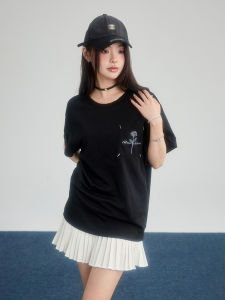 CloudSeason Retro Rose Flower Black T-Shirt Womens Short Sleeve Summer New Arrival Shoulder Design Casual Style round Neck