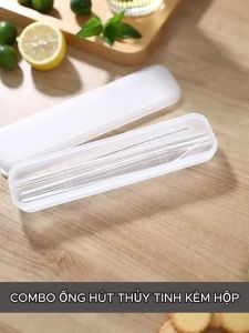 Bộ Ống Hút Thủy Tinh 4 Món - Gồm 2 Ống Hút Chổi Vệ Sinh Hộp Nhựa Bảo Quản