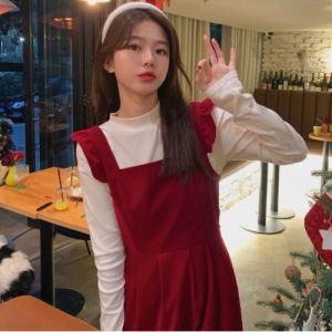 Pregnant Women Autumn Winter New Years Red Dress Knitted Base Layer Trendy Mommy-to-be Fake Two-Piece Long Sleeve round Neck Casual Dress
