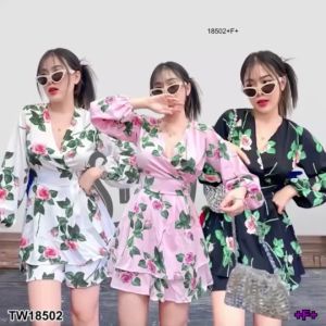 P18502 Jumpsuit จั้มสูทกางเกง ลายดอกกุหลายบ สายผูกเอว