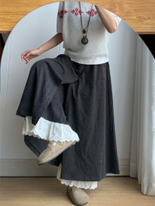 Casual High Waist Lace Patchwork Wide Leg Pants Skirt Womens Autumn Winter Style Fake Two-Piece Loose Design Sensation Leisure