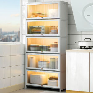 🔥Ready Stock🔥Kitchen Storage Rack Striped Acrylic Door Multi-Layer Kitchen Storage Rack Multi-functional Shelves