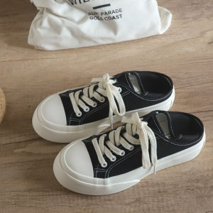 รองเท้าผ้าใบสีขาวพื้นหนาสำหรับผู้หญิง ฤดูร้อน 2025 รองเท้าผ้าใบสไตล์ฮอลล์เซ็งแบบครึ่งนิ้ว รองเท้าผ้าใบทรงหัวโต รองเท้าผ้าใบสไตล์ฮิปฮอป