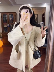 BINKAFENNY | เสื้อสเวตเตอร์ถักแบบหนาพิเศษสำหรับผู้หญิง ทรงหลวม แขนยาว ปกโปโล ฤดูใบไม้ร่วง/ฤดูหนาว สไตล์เกาหลี ชุดลำลอง เสื้อคลุมคาร์ดิแกน