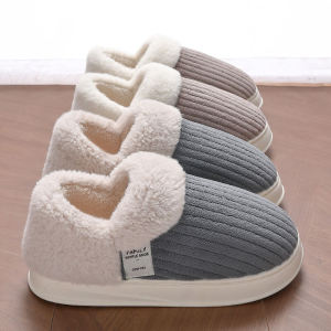 รองเท้าแตะผ้าฝ้ายแบบมีส้นสำหรับใส่ในบ้านและกลางแจ้ง รองเท้าแตะผู้ชายและผู้หญิง ด้านล่างนุ่ม ป้องกันการลื่นและกลิ่นในฤดูหนาวปี 2024