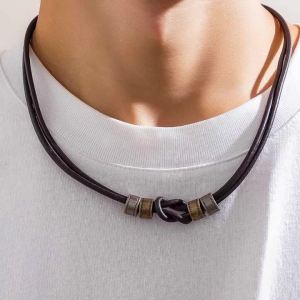 Lacteo Hip Hop Da PU Dây Vòng Cổ Cho Nam Hình Trụ Hạt Charm Phong Cách Punk Vòng Cổ Choker Trang Sức Có Thắt Nút