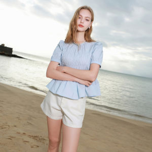 3COLOUR·S | 100% Cotton Summer Style Round Neck Puff Sleeve Loose Fit Shirt M