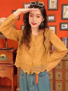 Áo Sơ Mi Khoét Rỗng Cổ Chữ V Tay Dài Thường Ngày Bằng Cotton Dành Cho Nữ Mùa Thu 2023 Phong Cách Cổ Điển Ôm Vừa Vặn