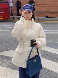 WANGGONGZHU | Womens Lightweight Down Cotton Jacket Stand Collar Waist-Cinching Winter Coat Korean Style Fashionable Thin Outerwear