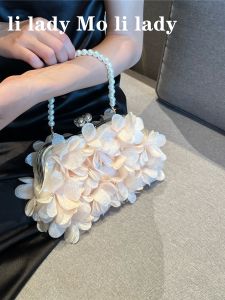 2024 Pearl Flower Bud Evening Banquet Handbag for Women Sweet Lady Style One-Shoulder Crossbody Tote Satin Texture Small Size