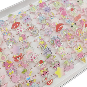50/100pcs/Lot Wholesale Mix Style Children Open Kids Finger Rings Girls Lovely Bow Star Flower Shell Hats Fruits Jewelry Gifts