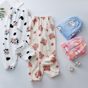 Thickened Flannel Childrens Sleepwear Fleece Lined Home Pants Warm Winter Trousers for Boys And Girls Cartoon Style Polyester Fiber