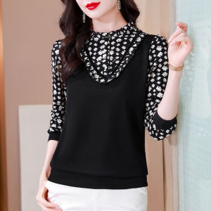 Fashionable Ladys Long Sleeve Stand Collar Patchwork Shirt Slimming Top Elegant Print Design Business Commute Style Polyester Blend