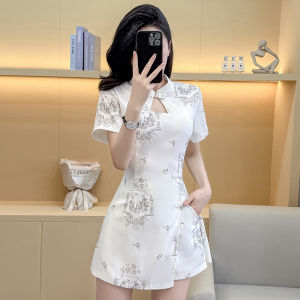 New Summer Chinese Style Watercolor Print Womens Set Short Cheongsam Floral Dress with Shorts Two-Piece Suit Polyester Fabric