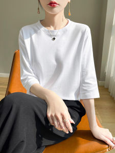 White Mercerized Cotton T-Shirt Womens round V-neck 3/4 Sleeves Spring/Summer New Arrival Mid-Sleeve Bottoming Shirt Easiest for Match Half-Sleeve T-shirt Top