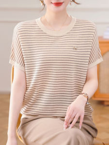 Áo Thun Tay Ngắn Thời Trang Mùa Hè Cho Phụ Nữ Trung Niên Và Cao Tuổi Áo Thun Sọc Cổ Tròn Dáng Rộng Thoải Mái Thường Ngày