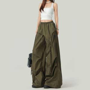 American Style Work Pants Womens Burgundy Casual Paratrooper Jazz Dance Loose High Waist Straight Leg Pants