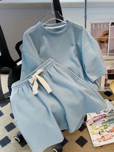 Summer Casual Sportswear Set Womens Solid Color Large Size Short Sleeve T-Shirt Shorts Two-Piece Set Youthful Looking