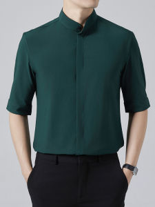 New Chinese Style Short Sleeve Shirt for Men Light Maturity Summer Iron Free Ice Silk Stand Collar Five-Quarter Pure Color Shirt