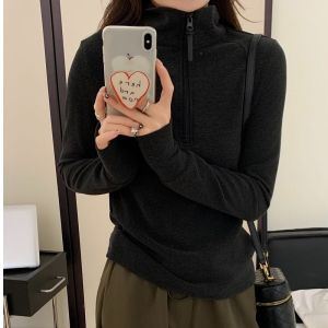 Autumn and Winter Casual Pure Color Long Sleeves Dralon Bottoming Shirt Female Online Influencer All-Matching Graceful Younger Fashion Half Zipper Tops