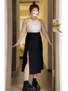 High Waist A-Line Split Suit Skirt for Women Black Autumn Winter plus Size Conceals Hip Slimming Midi Skirt Commute Style