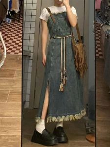สไตล์ฝรั่งเศส เดนิม เชือกแขวนคอ เดรส ผู้หญิง ฤดูใบไม้ผลิ ฤดูร้อน เวอร์ชั่นเกาหลีใหม่ พรางหุ่น เอว สูง เอว กระโปรงยาว ทรงเอ เดรส