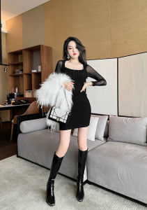 ZY·HT Korean Fashion Dress Mesh Pleated Thin Wrap Hip Slim Long Sleeve Mini Elegant Dinner Dress 9372 eravogue