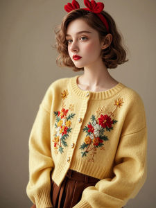 Yellow Embroidered Flower round Neck Knitted Open Cardigan Sweater Design Sensation Autumn Top Sweet Bohemian Style Long Sleeve Woolen