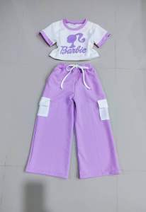 ชุดเซ็ต2ชิ้น​ เสื้อ+กางเกง​คาร์โก้ขายาว​ เสื้อแต่งคอ/แขน​ สกรีนการ์ตูนกลางอกน่ารักสดใส​ ใส่ได้ทุกโอกาส