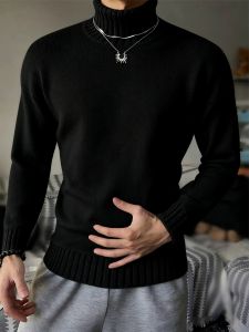 เสื้อสเวตเตอร์ถักคอสูงทรงสลิมฟิตสำหรับผู้ชาย เสื้อชั้นในสเวตเตอร์ถักหนาสำหรับฤดูหนาว สไตล์อเมริกัน เสื้อผ้ากีฬา ลำลอง