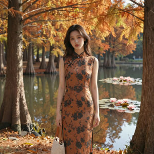 Vintage Orange Floral Breatheable Sleeveless Daily Qipao Dress