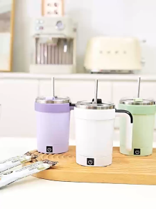 380ML Automatic Magnetic Stirring Cup with Straw & Removable Base Portable Stainless Steel Waterproof USB Rechargeable Electric Mixing Coffee Mug