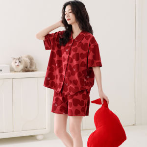Miiow | Pure Cotton Short Sleeve Sleepwear Couple Set New Wedding Red Thin Home Clothes Cat Person Sweet Cute Style Printed工艺 Summer Home Clothes