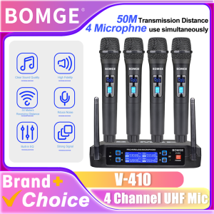 BOMGE | BOMGE V410 4 Channel Wireless Microphone System UHF Cordless Mic Set with 4 Handheld Mics Long Range 200ft for Church Karaoke