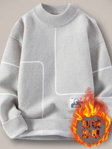 Mens Fleece Lined Thickened Half High Collar Knitted Sweater Autumn Winter Youth Student Base Layer Trendy Line Clothing